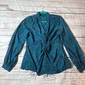 Chadwicks Womens Silky Knot Front Empire Waist Blouse Blue/Green Long Slv Sz 10